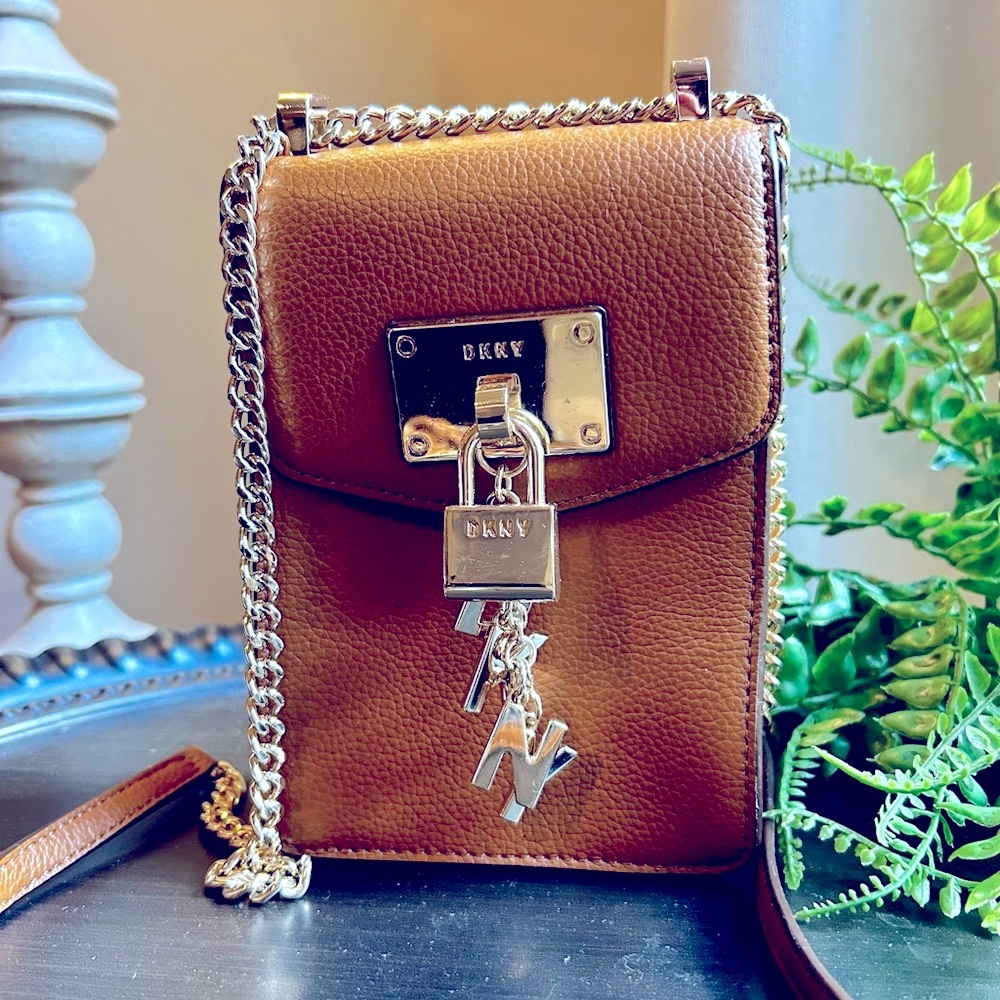 DKNY Tan Leather Crossbody with Gold Accents